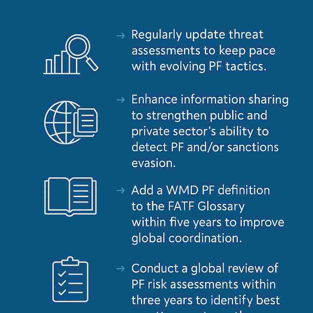 Infographic showing key findings and recommendations from the FATF report on proliferation financing, including PF risks, illicit tactics, and global countermeasures.