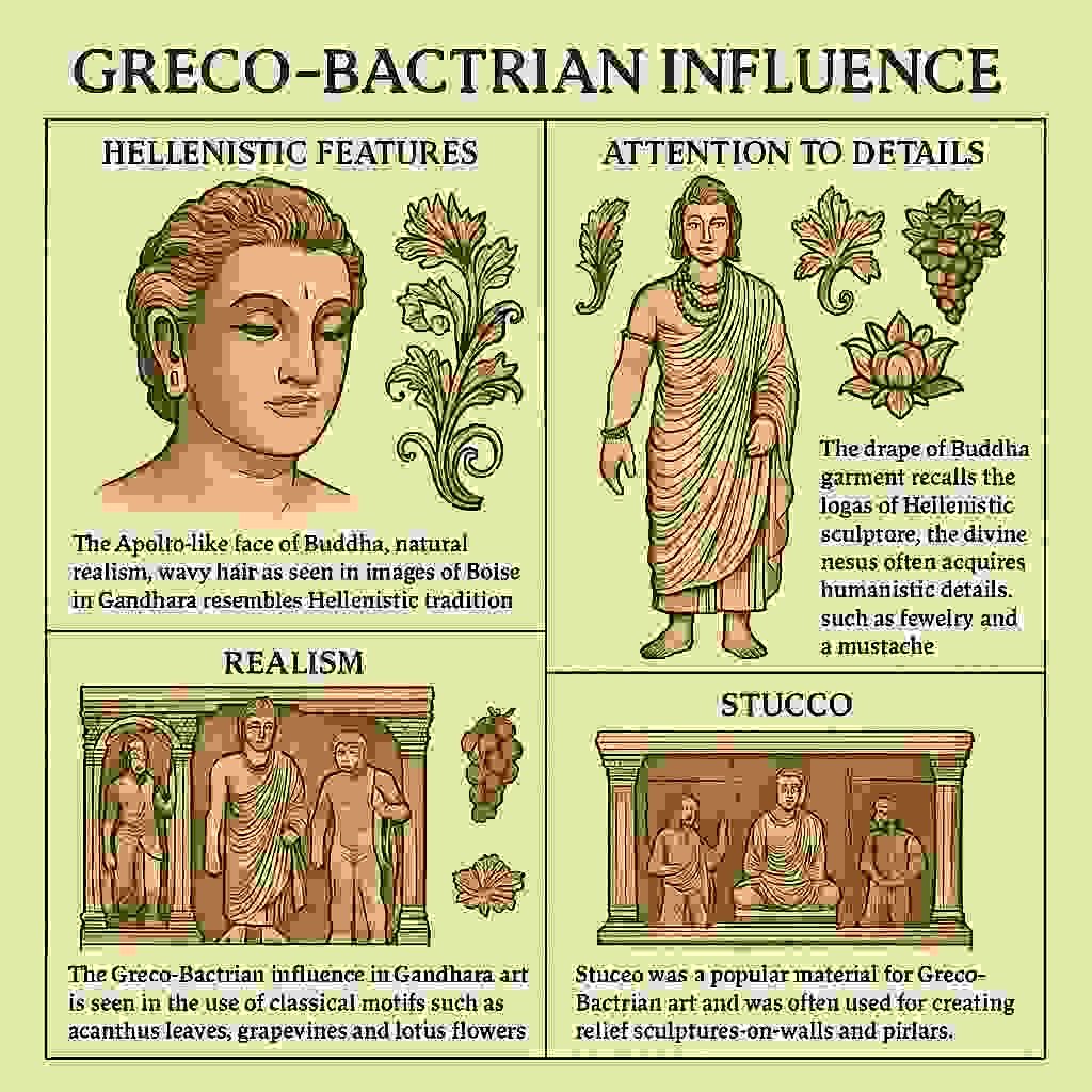 Greco-Bactrian influence on Gandhara Buddhist sculpture with realistic human forms and drapery