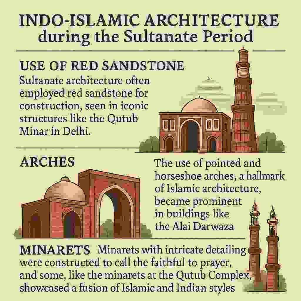 Indo-Islamic architecture from the Sultanate period featuring red sandstone structures, pointed arches of Alai Darwaza, and intricately designed minarets at Qutub Complex.